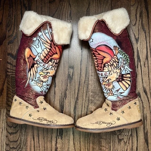 Ed Hardy Born Free Winter Boots Women's Size 5 American Eagle Fur Lined